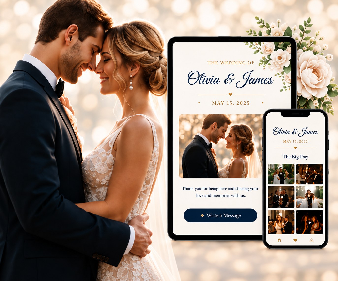A couple beside their Keepsake page shown on a tablet and phone